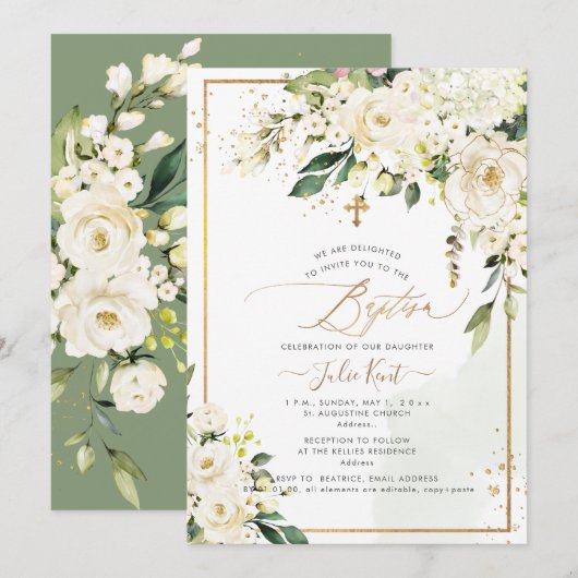 PixDezines H2 ハイドランジアとクリーム色のバラの洗礼 招待状 (正面/裏面)