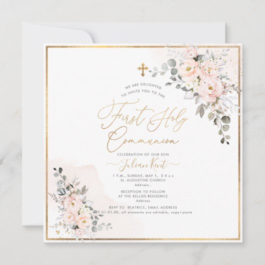 PixDezines H2 ブラッシュローズのファーストホーリーコミュニオン 招待状 (正面)