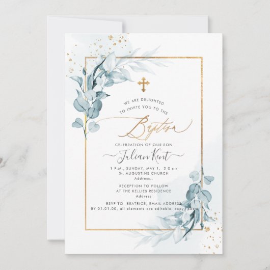 PixDezines H2 ブルー ユーカリ 洗礼 招待状 (正面)