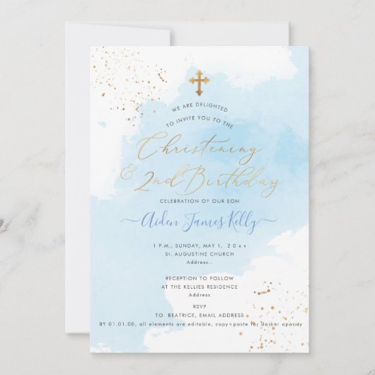 PixDezines H2 ブルー 誕生記念+2歳誕生日 招待状 (正面)