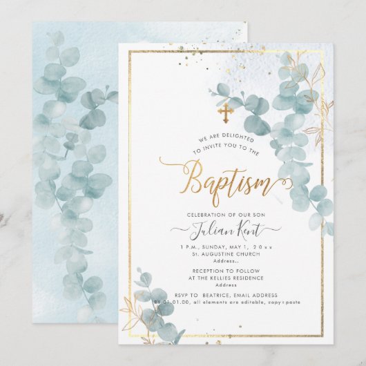 PixDezines H2 ユーカリ 洗礼 招待状 (正面/裏面)