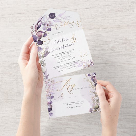 PixDezines H2 ラスティック ダスティ パープル ユーカリ ゴールド オールインワン招待状 (貼ってはがせる)