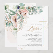 PixDezines H2 薔薇色の白いアネモネの洗礼式 招待状 (正面/裏面)