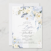 PixDezines H2 青いハイドレンジアとクリーム色のバラの洗礼 招待状 (正面)