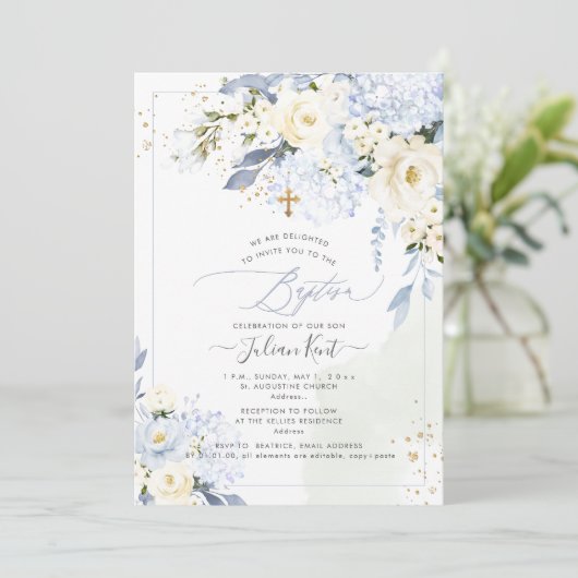 PixDezines H2 青いハイドレンジアとクリーム色のバラの洗礼 招待状 (スタンド正面)