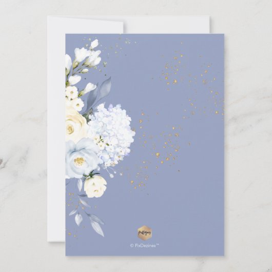 PixDezines H2 青いハイドレンジアとクリーム色のバラの洗礼 招待状 (裏面)