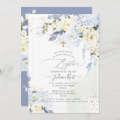PixDezines H2 青いハイドレンジアとクリーム色のバラの洗礼 招待状 (正面/裏面)