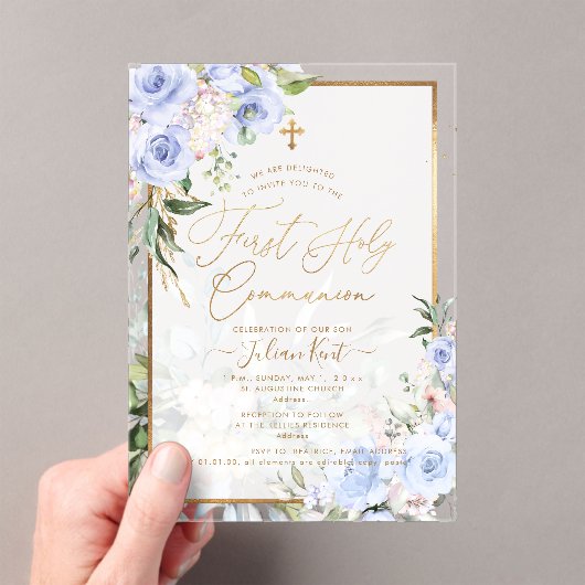 PixDezines H2 Blue Roses First Holy Communion アクリル招待状 (インサイチュ (ポータブル))