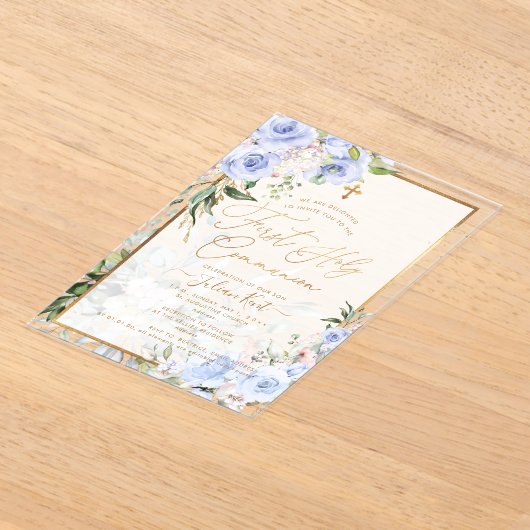PixDezines H2 Blue Roses First Holy Communion アクリル招待状 (レイダウン)