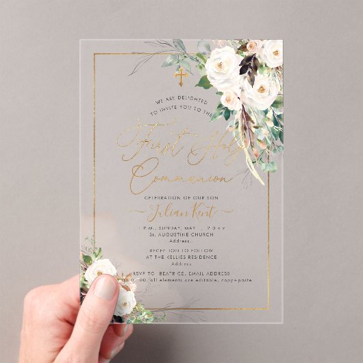 PixDezines H2 Blush Roses First Holy Communion アクリル招待状 (インサイチュ (ポータブル))