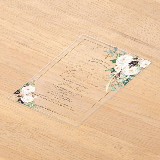 PixDezines H2 Blush Roses First Holy Communion アクリル招待状 (レイダウン)