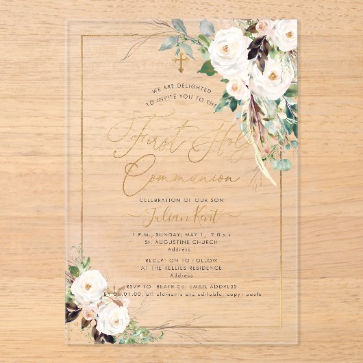 PixDezines H2 Blush Roses First Holy Communion アクリル招待状 (正面)