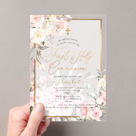 PixDezines H2 Blush Roses First Holy Communion アクリル招待状 (インサイチュ (ポータブル))