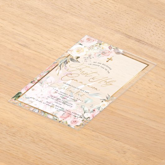 PixDezines H2 Blush Roses First Holy Communion アクリル招待状 (レイダウン)