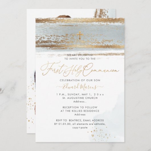 PixDezines H2 Dusty Blue First Holy Communion 招待状 (正面/裏面)