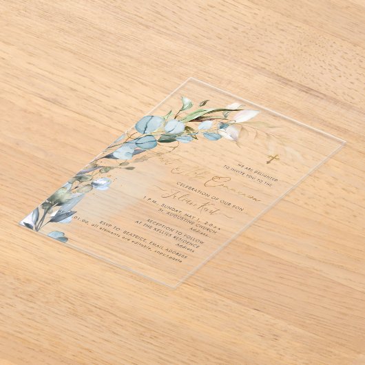 PixDezines H2 Dusty Blue Gum Foliage Communion  アクリル招待状 (レイダウン)