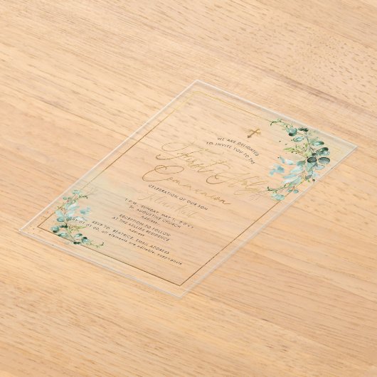 PixDezines H2 Eucalyptus First Holy Communion Invi アクリル招待状 (レイダウン)
