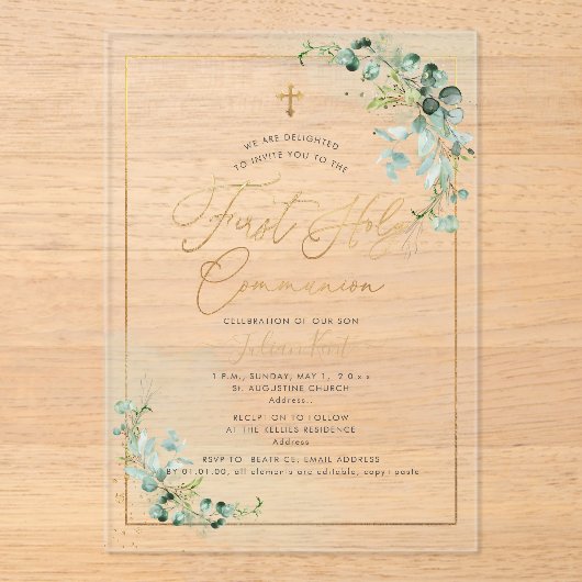 PixDezines H2 Eucalyptus First Holy Communion Invi アクリル招待状 (正面)