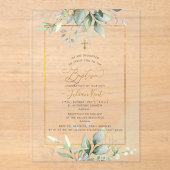 PixDezines H2 Green Gold Eucalyptus Baptism アクリル招待状 (正面)