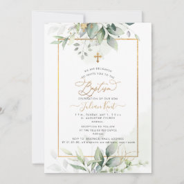 PixDezines H2 Green Gold Eucalyptus Baptism 招待状