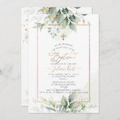 PixDezines H2 Green Gold Eucalyptus Baptism 招待状 (正面/裏面)