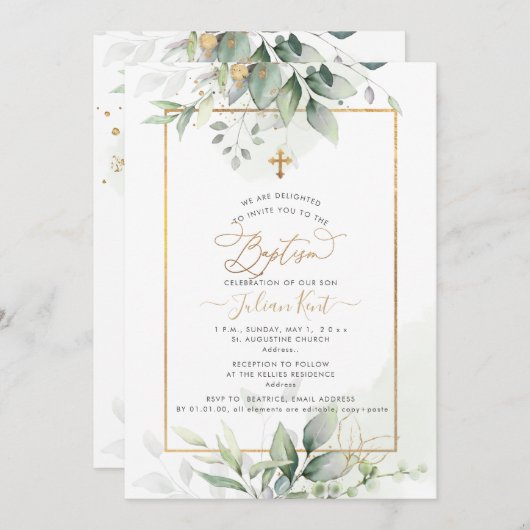 PixDezines H2 Green Gold Eucalyptus Baptism 招待状 (正面/裏面)