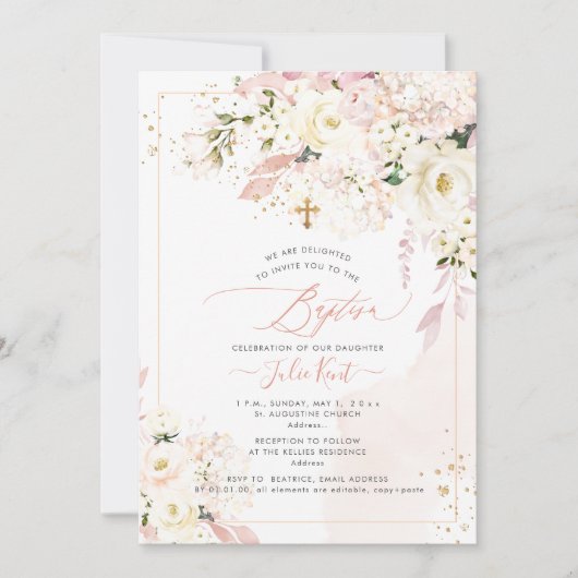 PixDezines H2 Hydrangeas赤面バラ洗礼 招待状 (正面)