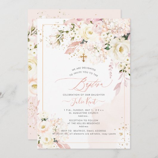 PixDezines H2 Hydrangeas赤面バラ洗礼 招待状 (正面/裏面)