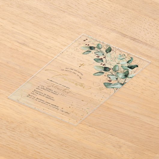 PixDezines H2 Rustic Gum Eucalyptus Confirmation アクリル招待状 (レイダウン)