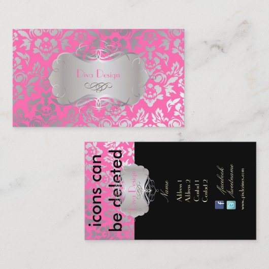 PixDezines Haute Coutour Damask、Silver/フェイクDIY 名刺 (正面/裏面)