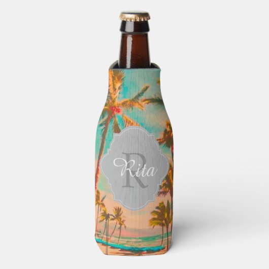 PixDezines Hawaii/ヴィンテージ/ビーチ/ティール(緑がかった色) ボトルクーラー (ボトル正面)