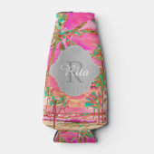 PixDezines Hawaii/ヴィンテージ/ビーチ/ピンク/ティール(緑がかった色) ボトルクーラー (正面)
