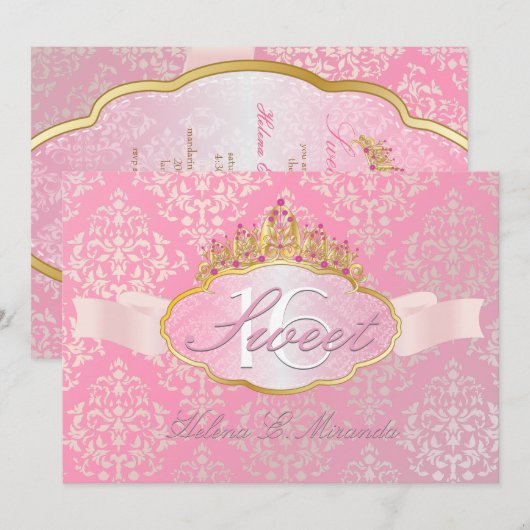 PixDezines josephine damask sweet 16/tiara 招待状 (正面/裏面)