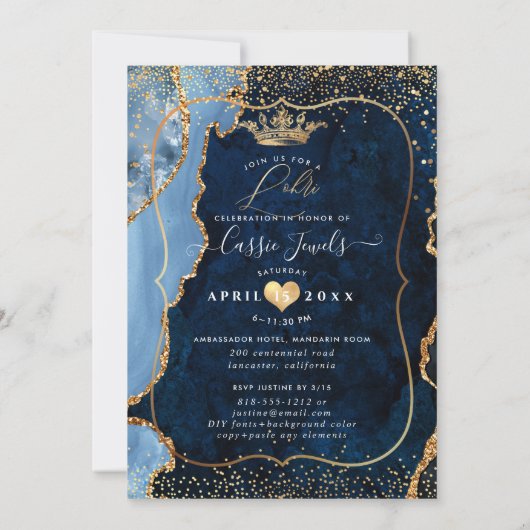 PixDezines Lohriお祝いネイビーブルーアガテ金ゴールド 招待状 (裏面)