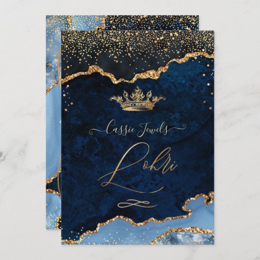 PixDezines Lohriお祝いネイビーブルーアガテ金ゴールド 招待状 (正面/裏面)
