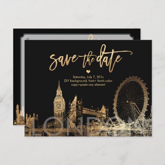 PixDezines/LONDON日付/金ゴールドの保存 案内ポストカード (正面/裏面)