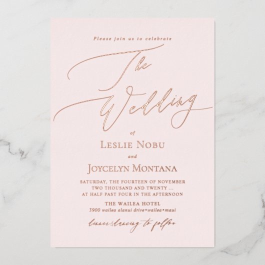 PixDezines Luxe書道ミニマルバラ金ゴールド 箔招待状 (正面)