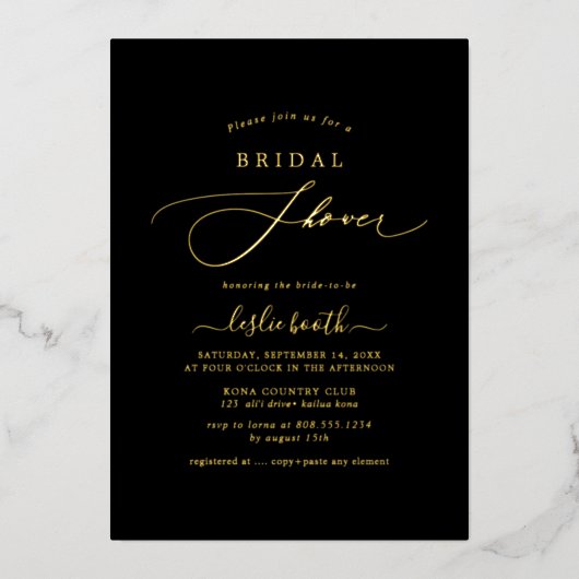 PixDezines Luxe Cligraphy エレガントブライダルシャワー 箔招待状 (正面)