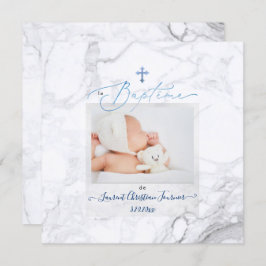 PixDezines Marbre Blanc, Bapteme Bleu Garscon 招待状