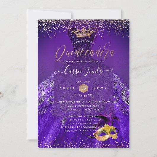 PixDezines Masqueradeキンセアニェラ、ダークパープル 招待状 (裏面)
