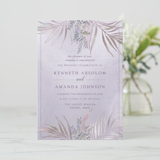 PixDezines Mauve+Lilac Palms, Iridescent 招待状 (スタンド正面)