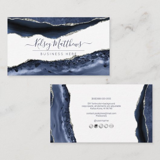 PixDezines Midnight Blue Water Color Agate 名刺 (正面/裏面)