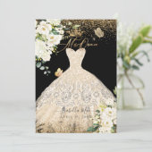 PixDezines Mis Quince シャンパンゴールド グリッター ドレス 招待状 (スタンド正面)
