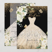 PixDezines Mis Quince シャンパンゴールド グリッター ドレス 招待状 (正面/裏面)