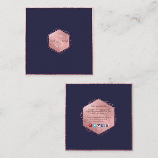 PixDezines MONOGRAM/バラフェイク金ゴールド、ネイビーブルー スクエア名刺 (正面/裏面)