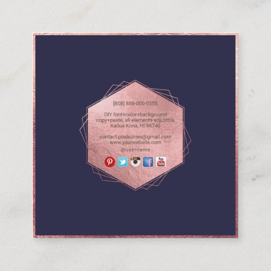 PixDezines MONOGRAM/バラフェイク金ゴールド、ネイビーブルー スクエア名刺 (裏面)