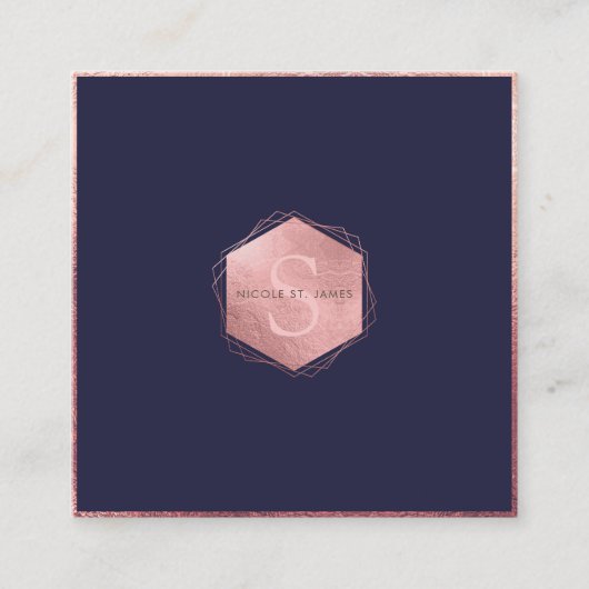 PixDezines MONOGRAM/バラフェイク金ゴールド、ネイビーブルー スクエア名刺 (正面)