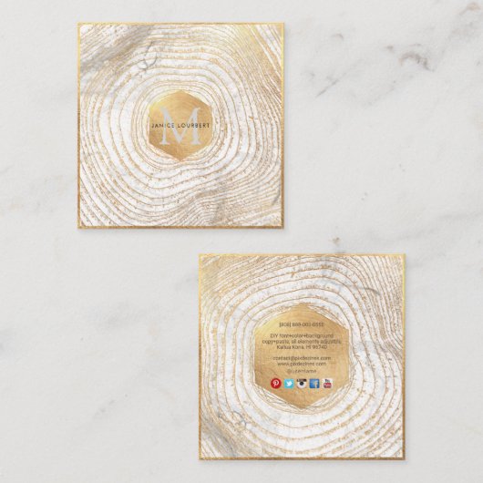 PixDezines MONOGRAM/フェイク金ゴールドツリーリングや輪 スクエア名刺 (正面/裏面)