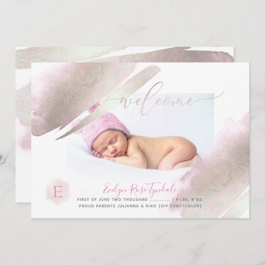 PixDezines MONOGRAM, PLATINUM+赤面ベビーガール 案内状 (正面/裏面)