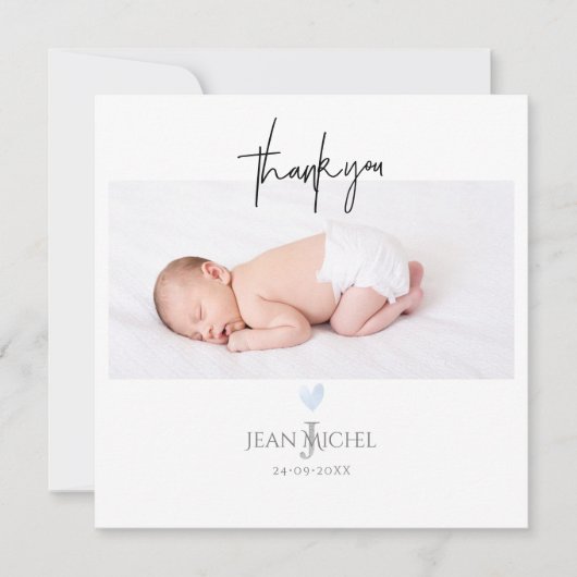 PixDezines Monogram Thank You Baby Blueハート 招待状 (正面)